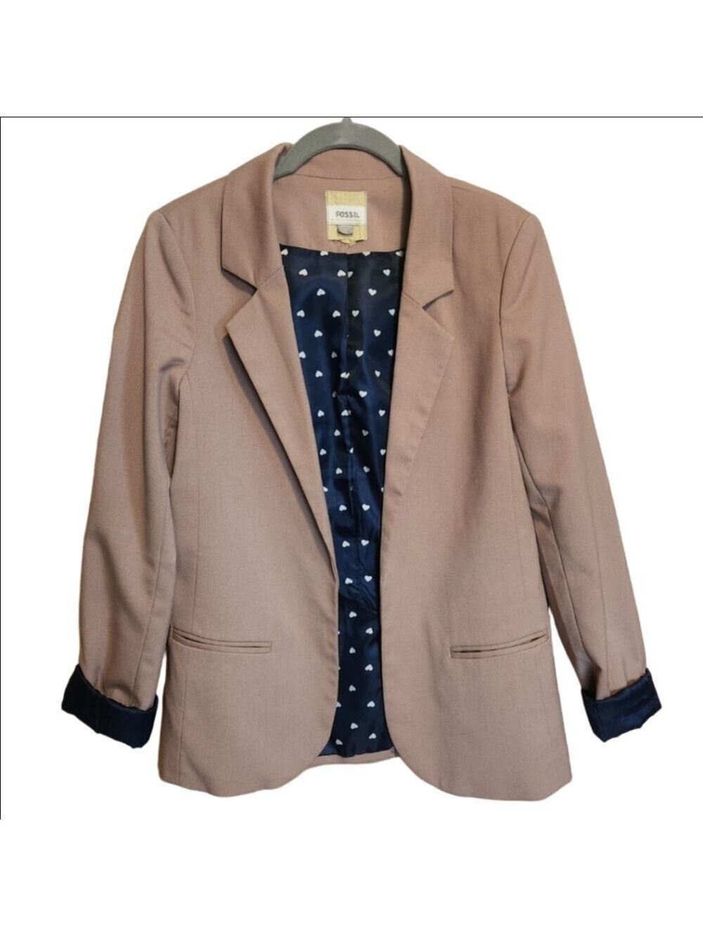 FOSSIL HEART LINED TAN BLAZER OPEN FRONT POCKETS SIZE SMALL LIKE NEW